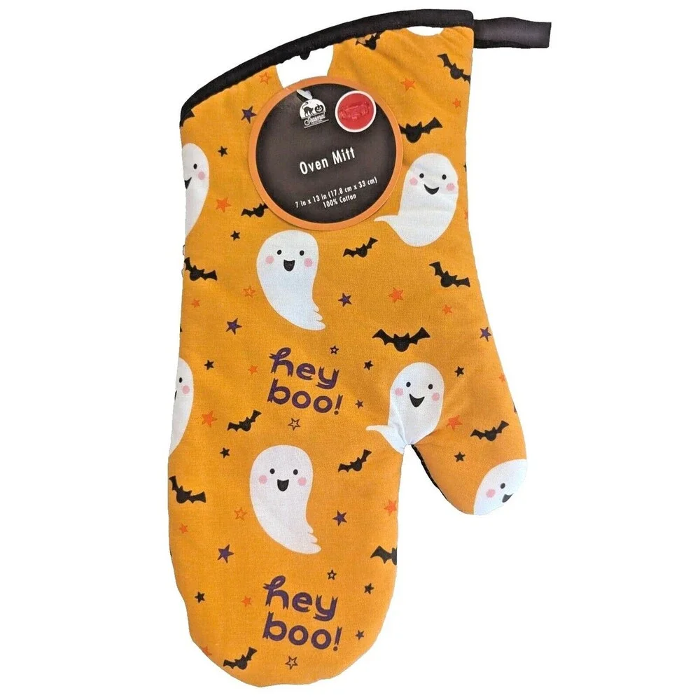 Hey Boo Kitchen Towels Oven Mitt Ghosts Bats Orange White Black 3-pc Polyester
